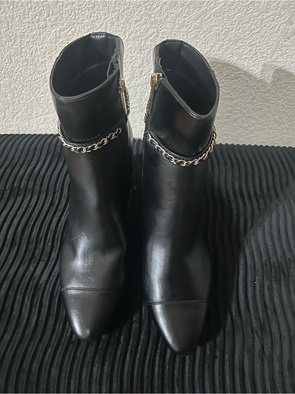 Anne Klein Black Pointed Toe Ankle Boots with Gold Chain